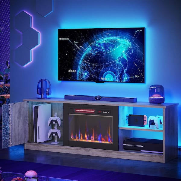 63 in. Gray Black TV Stand with Electric Fireplace Fits TVs up to 75 in. Entertainment Center Cabinet and LED Light