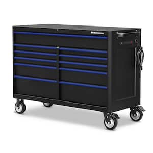 56 in. x 24 in. 11-Drawer Roller Cabinet Tool Chest with Power and USB Outlets in Black and Blue