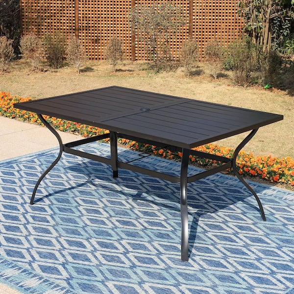 PHI VILLA Black Rectangle Straight-Leg Metal Patio Outdoor Dining Table with 1.96 in. Umbrella Hole