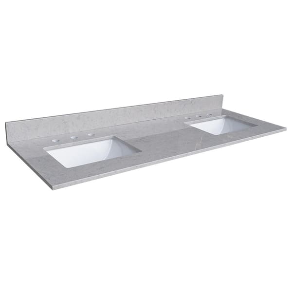 Unbranded 61 in. W x 22 in. D Engineered Stone Composite Vanity Top in Carrara Gray with White Rectangular Double Sink