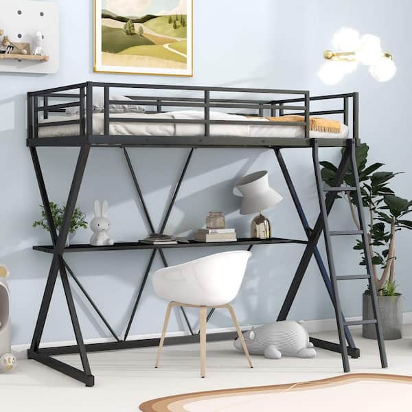 Black Twin Size Loft Bed with Desk, Ladder and Full-Length Guardrails, X-Shaped Frame