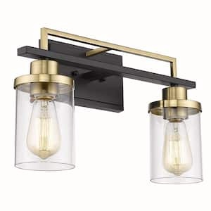 16.7 in. 2-Light Black and Gold Vanity Light with Clear Glass Shade