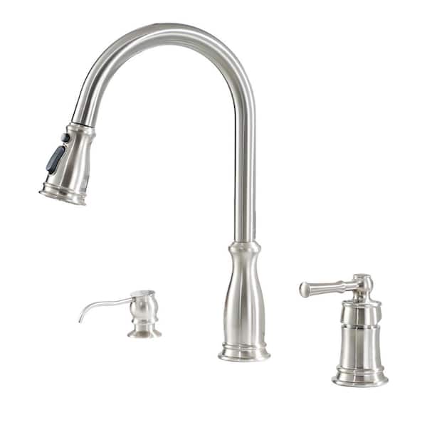Mondawe High-Arc Single Handle Standard Kitchen Faucet with Soap Dispenser in Brushed Nickel