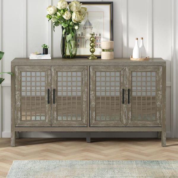 Harper & Bright Designs Retro Style Gray Wood 58 in. W Mirrored Sideboard with Closed Grain Pattern and Adjustable Shelves