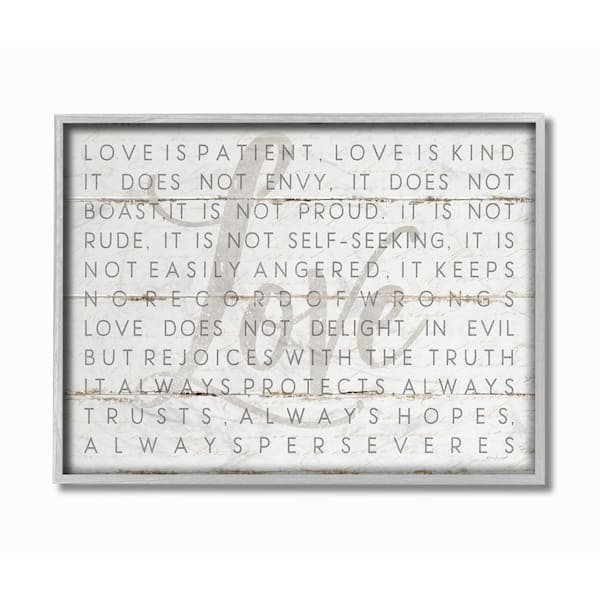 Stupell Industries 16 in. x 20 in. "Love Is Patient Grey on White Planked Look" by Jennifer Pugh Framed Wall Art