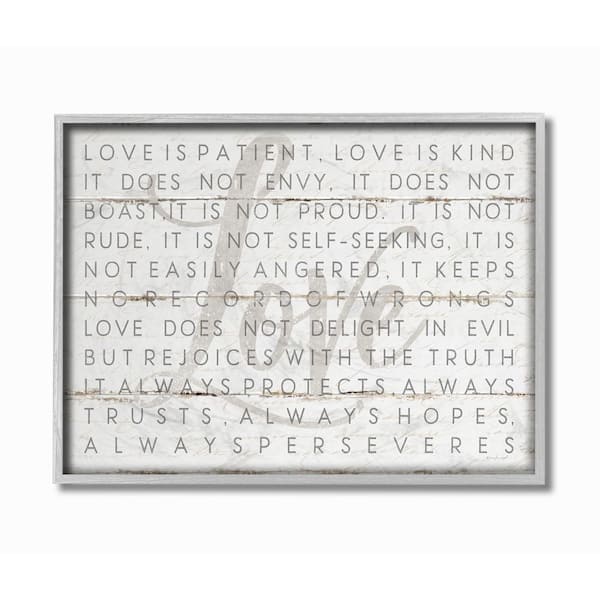 16 in. x 20 in. "Love Is Patient Grey on White Planked Look" by Jennifer Pugh Framed Wall Art