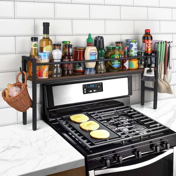 Over the Stove Shelf with 4 Hooks Extra Storage Countertop, Rustic Wood and Solid Metal Commbined, Black