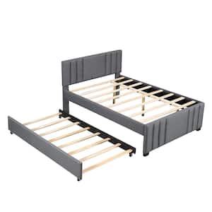 Gray Wood Frame Upholstered Full Size Platform Bed with Trundle and Headboard for Kids Teens, Adults