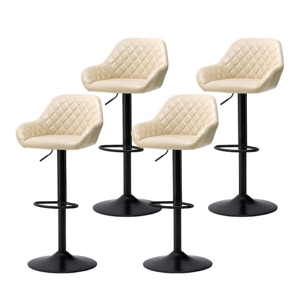 Glitzhome 32.75 in. H Mid-Century Modern Cream Metal Quilted Leatherette Gaslift Adjustable Swivel Bar Stool (Set of 4)