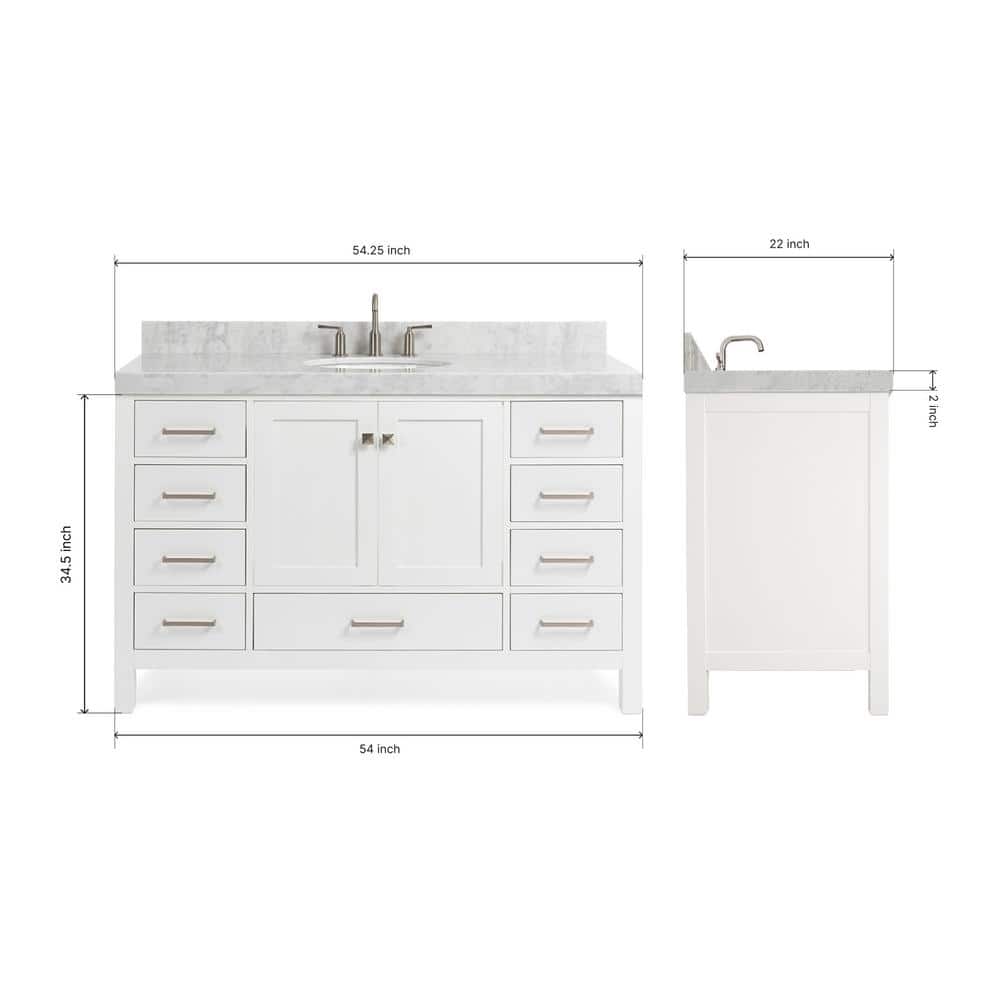 Cambridge 54" White Wood Freestanding Bathroom Vanity with Carrara Marble Top