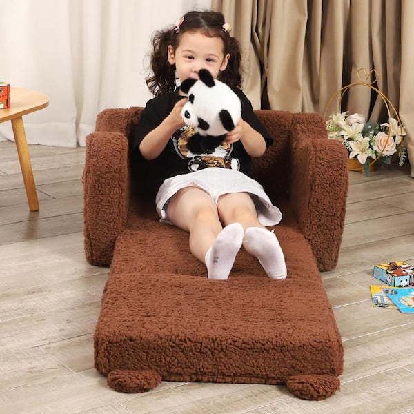 Angel Sar Brown Polyester 2-in-1 Kids Sofa Chairs, Teddy Bear