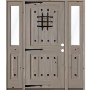 58 in. x 80 in. Mediterranean Knotty Alder Left-Hand/Inswing Clear Glass Grey Stain Wood Prehung Front Door w/DHSL