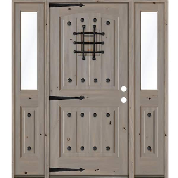 Krosswood Doors 60 in. x 80 in. Mediterranean Knotty Alder Left-Hand/Inswing Clear Glass Grey Stain Wood Prehung Front Door w/DHSL