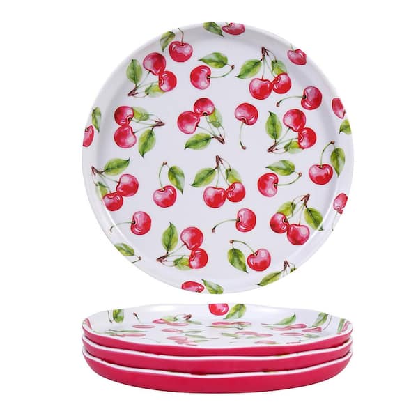 4-piece 8 in. Red Cherry Melamine Dinner Plates, Round Cute Fruit Salad Dinner Plates, Dishwasher Safe, Easy Clean