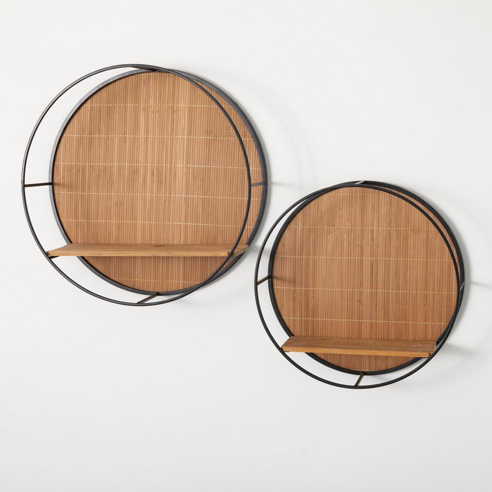 Black Metal and Wood Circular Wall Shelves - Set of 2