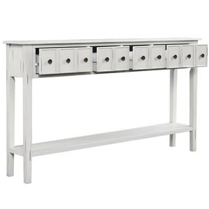 60 in. Rectangle Antique White Wood Console Table 2-Different Size Drawers and Bottom Shelf