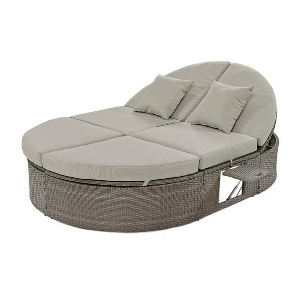 Sudzendf 2-Person Metal Outdoor Chaise Lounge with Gray Cushions and Pillows, Adjustable Backrests and Foldable Cup Trays