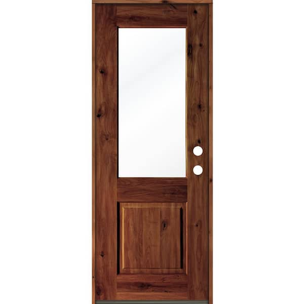 Krosswood Doors 32 in. x 80 in. Rustic Knotty Alder Wood Clear Glass Half-Lite Red Chestnut Stain Left Hand Single Prehung Front Door