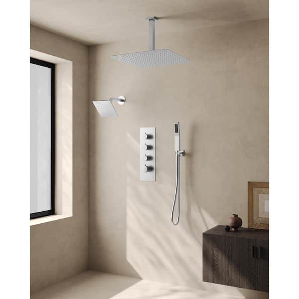 7-Spray 16 and 6 in. Dual Shower Heads Ceiling Mount Fixed and Handheld Shower Head in Brushed Nickel (Valve Included)