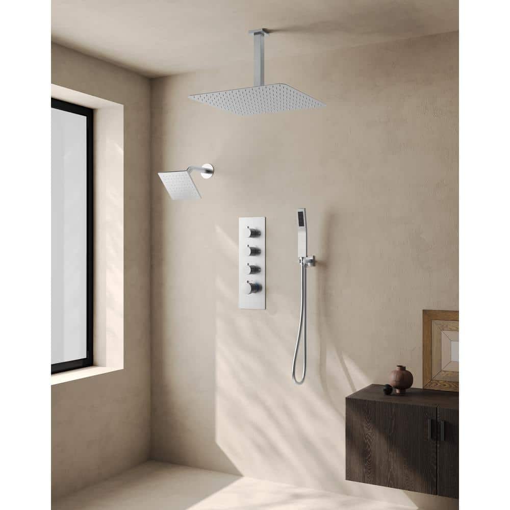 Brushed Nickel Dual Shower Head System with Thermostatic Valve