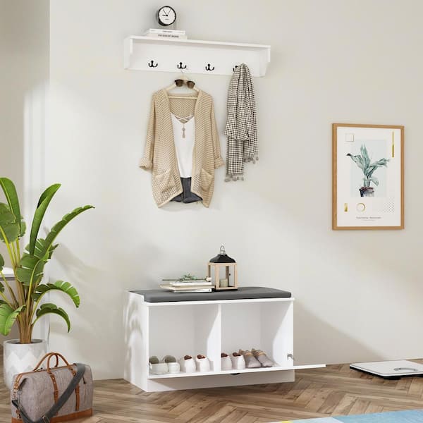 FUFU&GAGA White Wood 3-in-1 Coat Rack Hall Tree Shoe Storage Shoe Bench  With 6-Metal Double Hooks, Shoe Rack and Shelves KF020268-12 - The Home  Depot