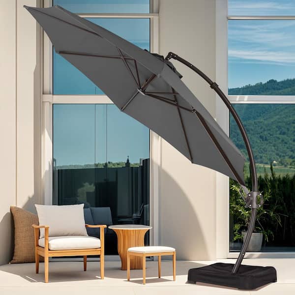 11 ft. L Outdoor Aluminum Curvy Cantilever Offset Hanging Patio Umbrella with Sandbag Base and Cover in Gray