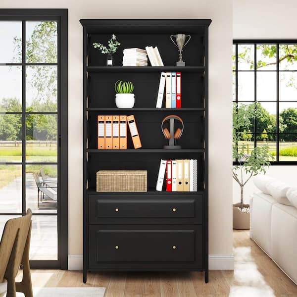 BYBLIGHT Atencio 2-Drawer Dark Grey and Black Wood File Cabinet 31.5 in. W Vertical File Cabinet with Shelves