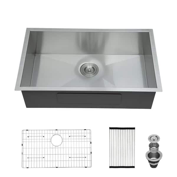 UPIKER 30 in. Undermount Single Bowl 18-Gauge Brushed Nickel Stainless Steel Kitchen Sink with Bottom Grids