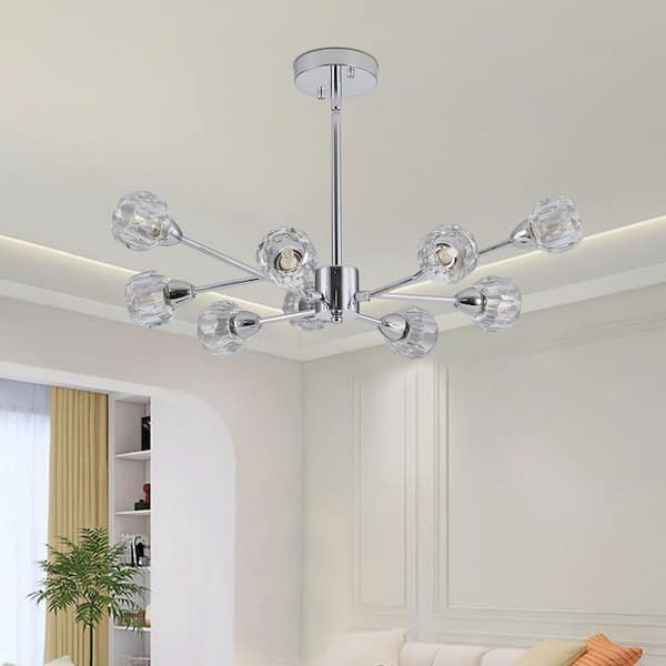 Basdien 28 in 9-light Luxury silver Crystal Chandelier Large Ceiling Lighting for Living Room Dining Room Bedroom Hallway