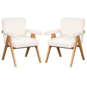 TD Garden Velvet Outdoor Lounge Chair Retro Modern Wood Armchair with White Cushion