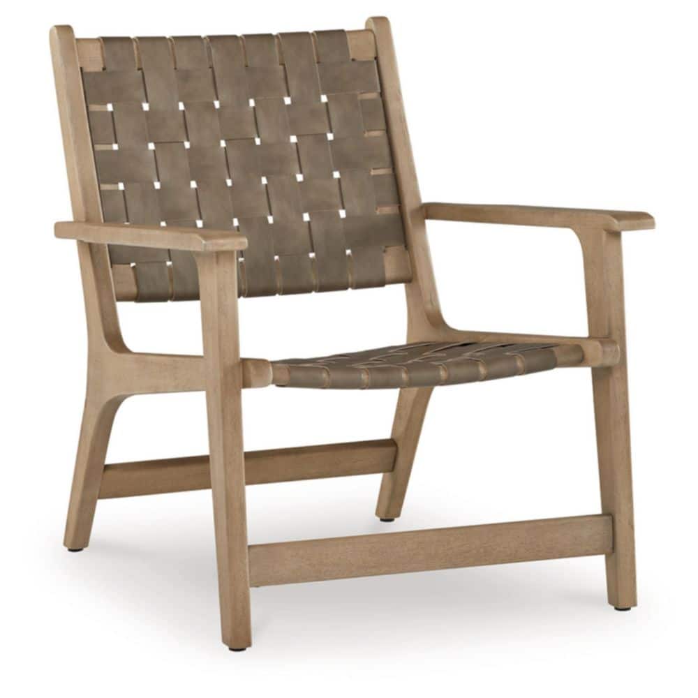 Beige Leather and Wood Woven Accent Chair