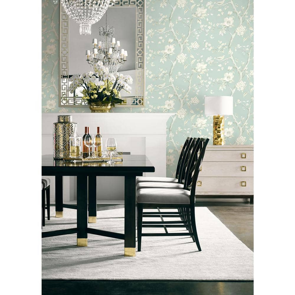 Sea Glass and Ivory Vinyl-Coated Floral Wallpaper