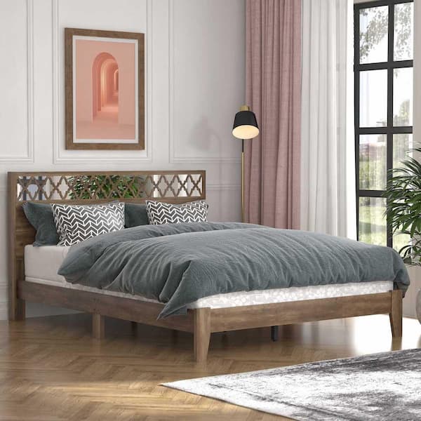 GALANO Aideliz Knotty Oak Wood Frame Queen Platform Bed With 