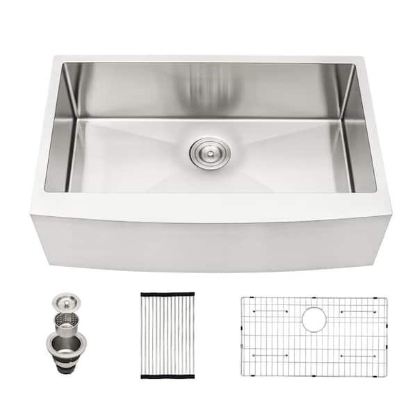 Sarlai 30 in. Farmhouse Apron Single Bowl 16 Gauge Brushed Nickel Stainless Steel Kitchen Sink with Bottom Grid