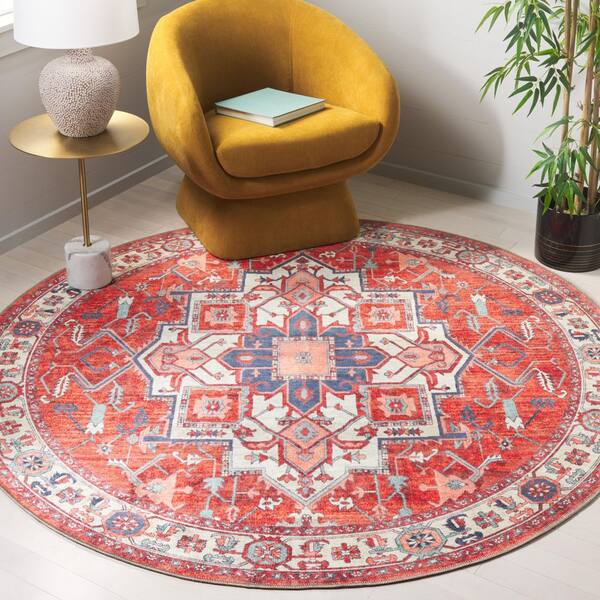 Serapi 7 ft. x 7 ft. Rust/Blue Medallion Washable Round Rug