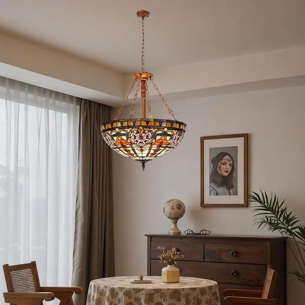 OUKANING 4-Light Colorful Retro Pendant Light with Stained Glass