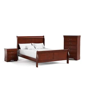 3-Piece Burkhart Cherry Wood Queen Bedroom Set Bed and Nightstand with Chest