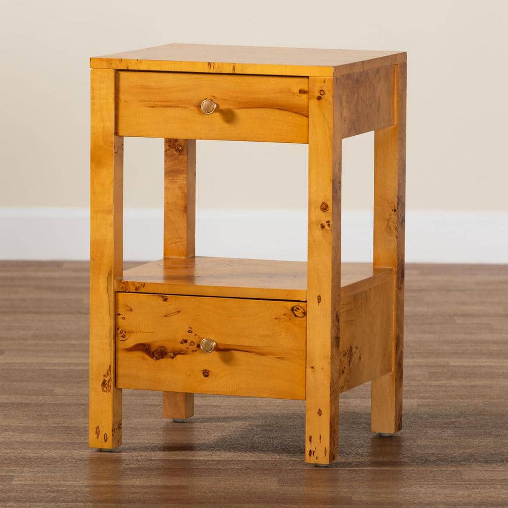 Azmi Natural Light Burl Wood 2-Drawer Nightstand with Open Shelf