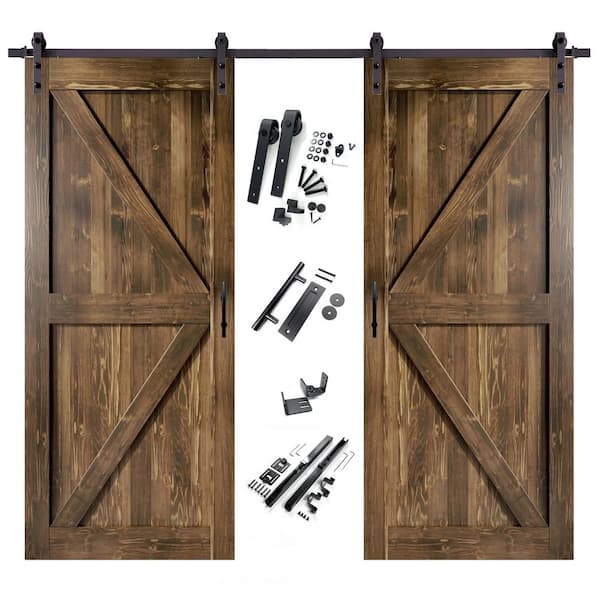 HOMACER 46 in. x 84 in. K-Frame Walnut Double Pine Wood Interior Sliding Barn Door with Hardware Kit, Non-Bypass