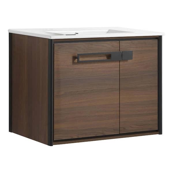 FINE FIXTURES Oakville 30 in. W x 18 in. D x 23.25 in. H Wall Mounted Bathroom Vanity in Brown with White Ceramic Sink Top