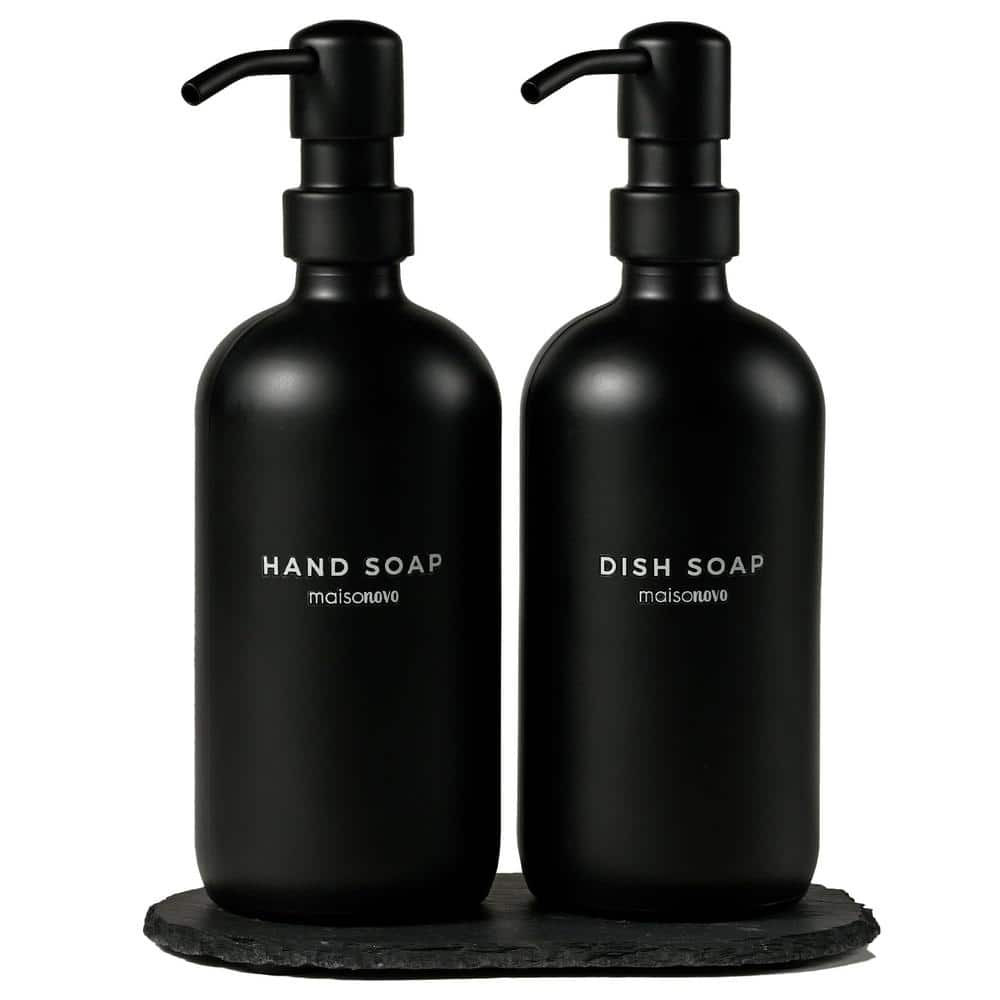 2-Pieces, Glass Hand Soap and Lotion Dispenser with Hand Made Concrete Tray