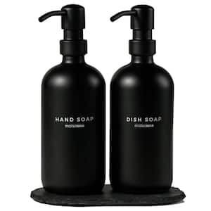 2-Pieces, Glass Hand Soap and Lotion Dispenser with Hand Made Concrete Tray in Black Bottles and Black Pumps