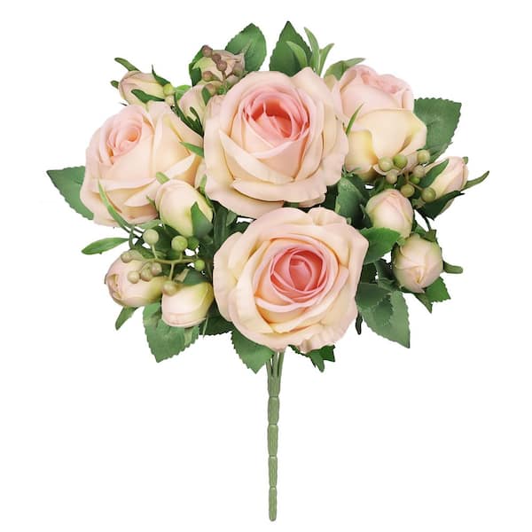 14 in. Ivory Pink Artificial Delicate Sweet Rose Flower Stem Bush Bouquet (Set of 2)