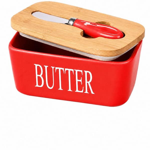 Red Porcelain Butter Dish with Bamboo Lid, Silicone Seal Ring and Stainless Steel Spreader Knife Set