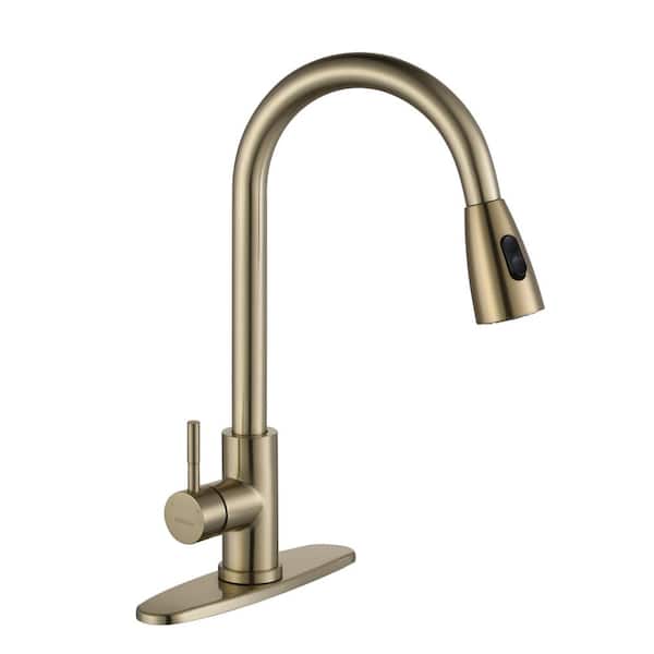 IVIGA Single Handle Pull Out Sprayer Kitchen Faucet Included Deckplate in Brushed Gold