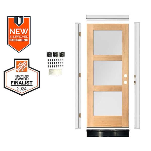 36in.x80in. Modern LH 3-Lite Frosted Glass Clear Stain Hemlock Wood AssemblyRequired Front Door Kit w/QuickAssembleJamb