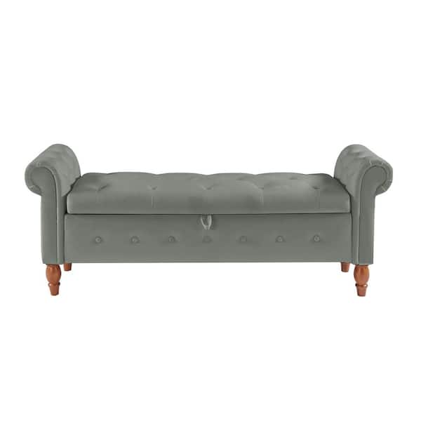 Gray Velvet 63 in. Bedroom Bench Without Back with Solid Wood Legs and Hidden Storage