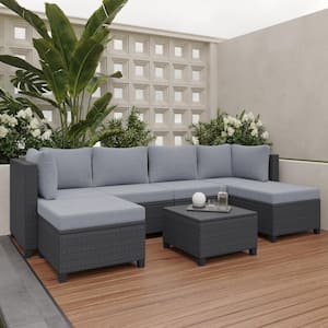 Black 7-Seater Wicker Outdoor Rattan Sectional Sofa Set with Gray Cushions