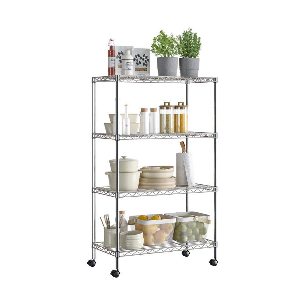 Adjustable 4-Tier Gray Steel Wire Shelving Unit with Wheels