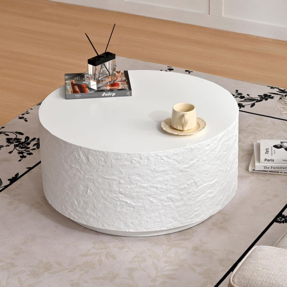 27.5 in. White Round MDF Coffee Table with Imitation Cement Stone Pattern End Table